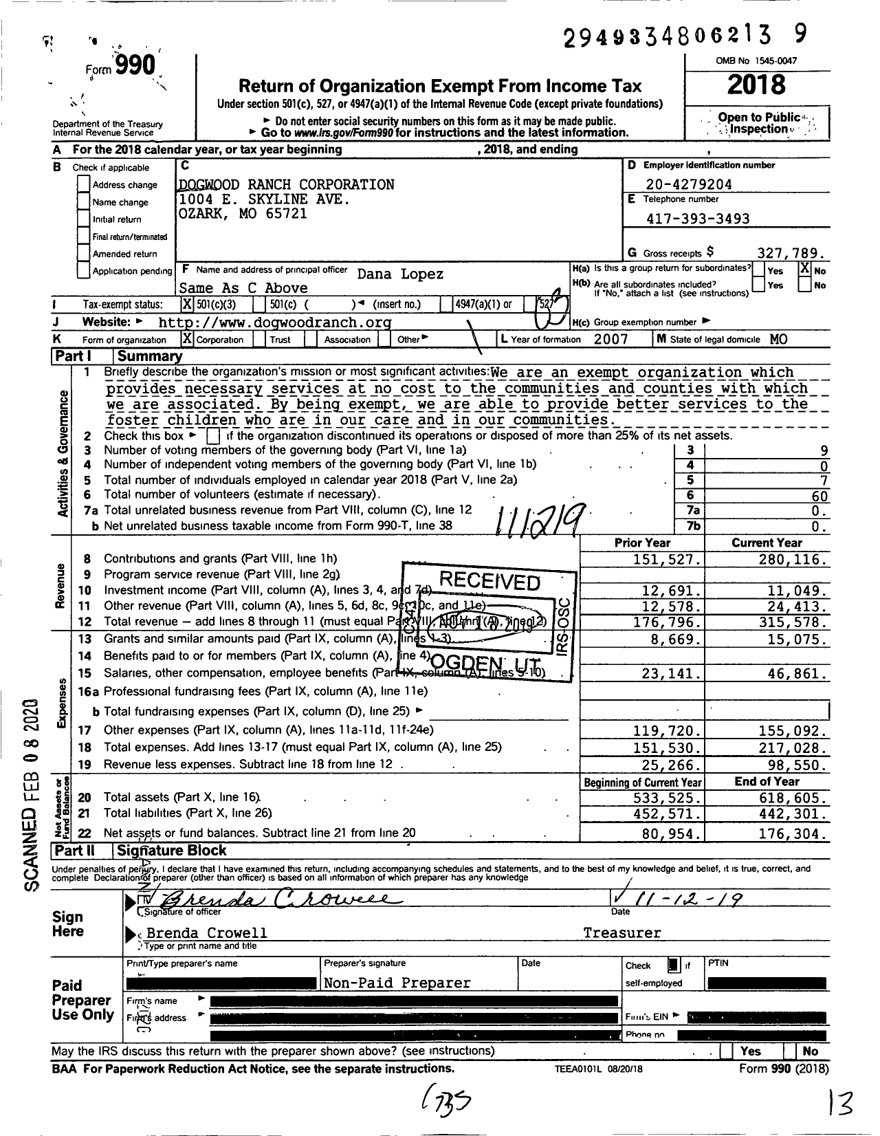 Image of first page of 2018 Form 990 for Dogwood Ranch Corporation