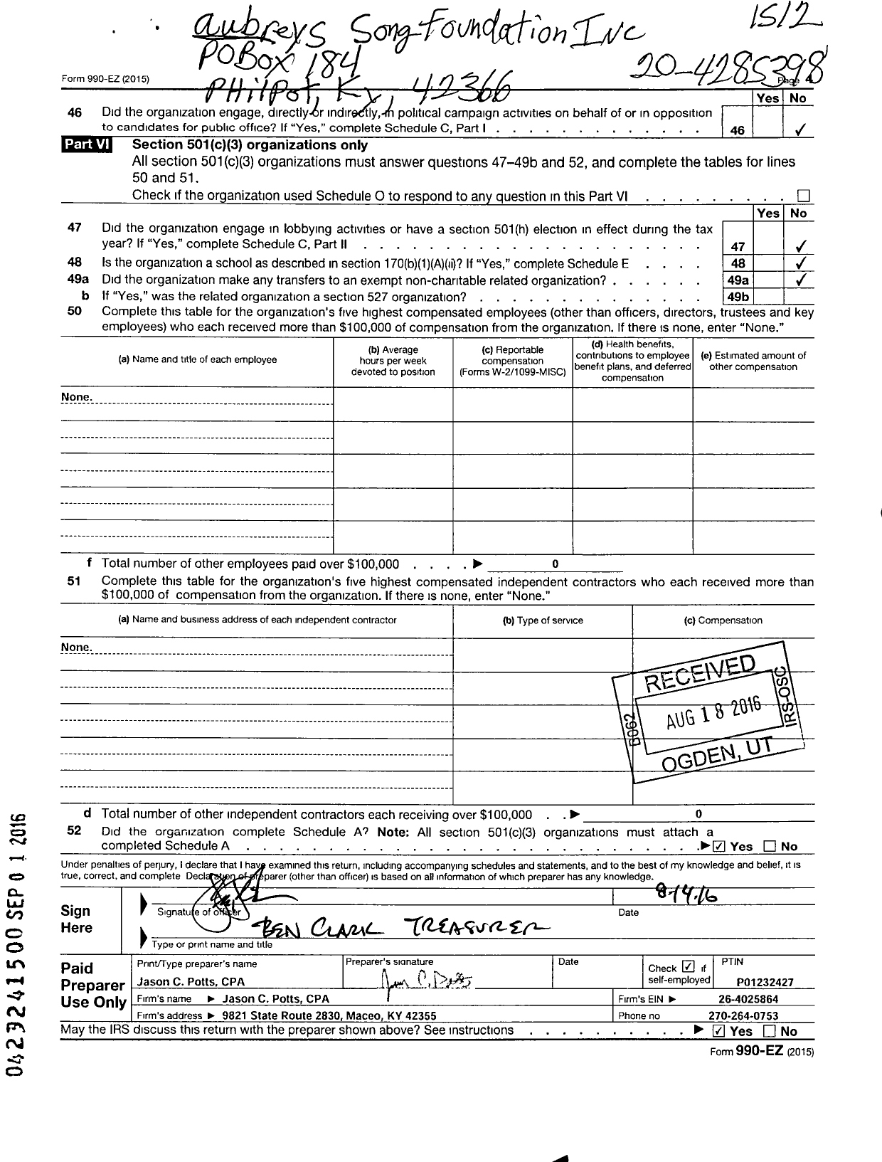 Image of first page of 2015 Form 990EO for Aubrey's Song Foundation