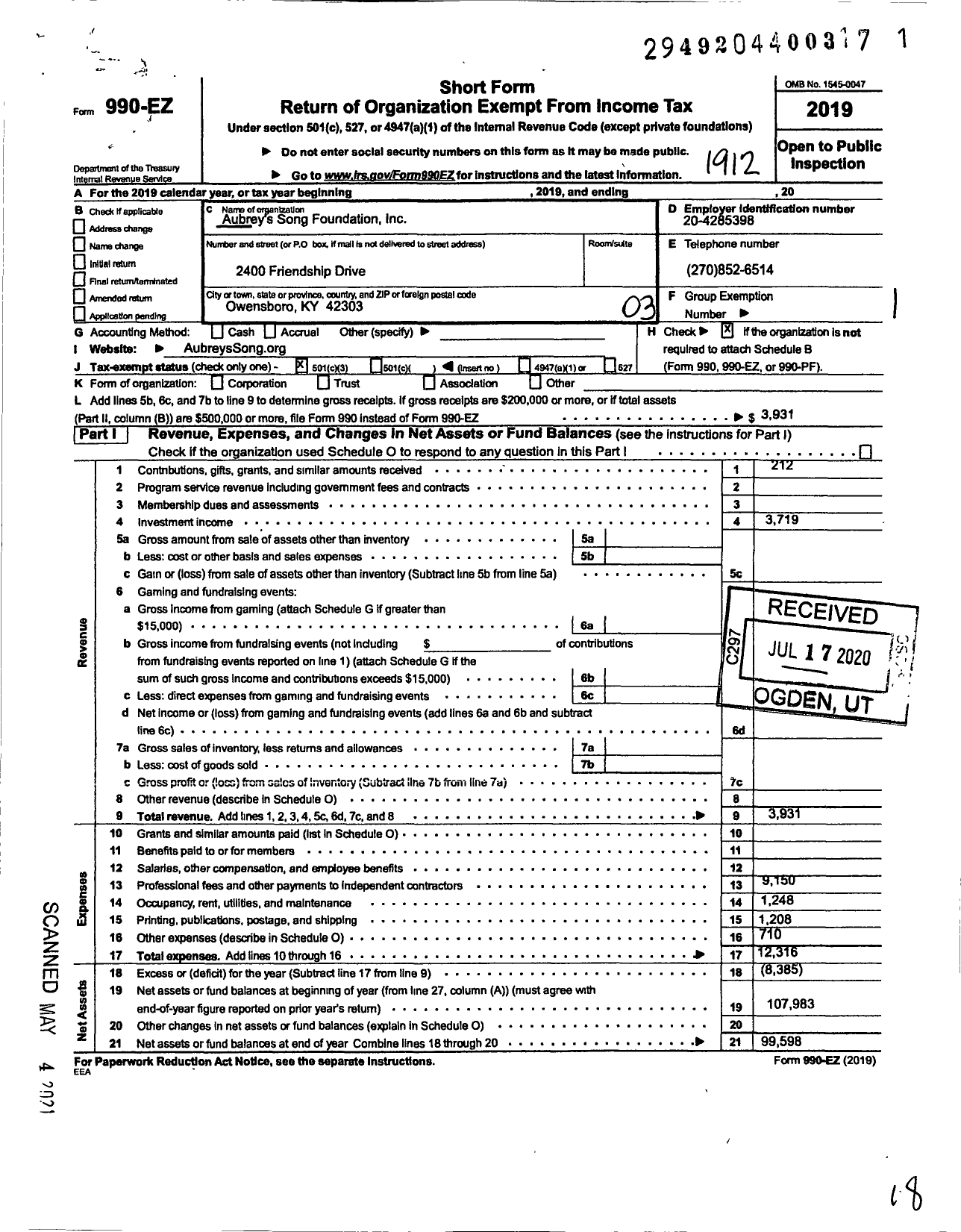 Image of first page of 2019 Form 990EZ for Aubrey's Song Foundation