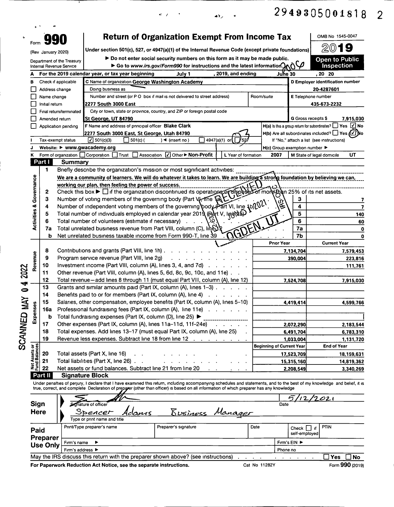 Image of first page of 2019 Form 990 for George Washington Academy