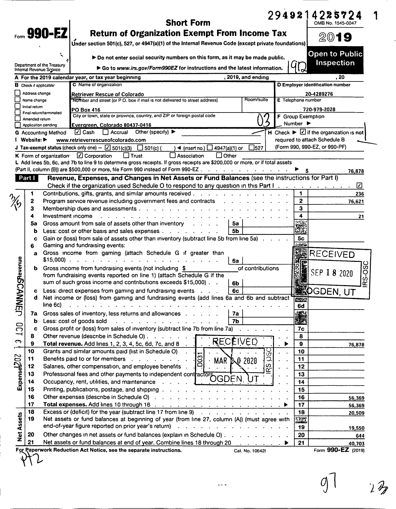 Image of first page of 2019 Form 990EZ for Retriever Rescue of Colorado