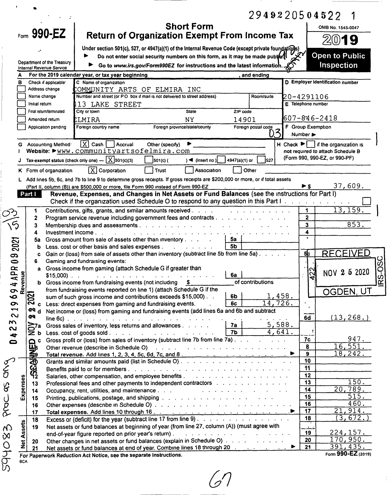 Image of first page of 2019 Form 990EZ for Community Arts of Elmira