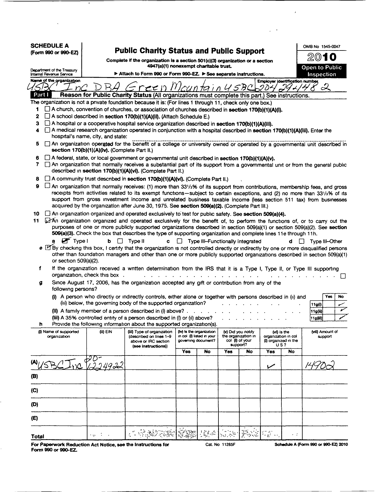 Image of first page of 2010 Form 990ER for United States Bowling Congress - Green Mountain Usbc