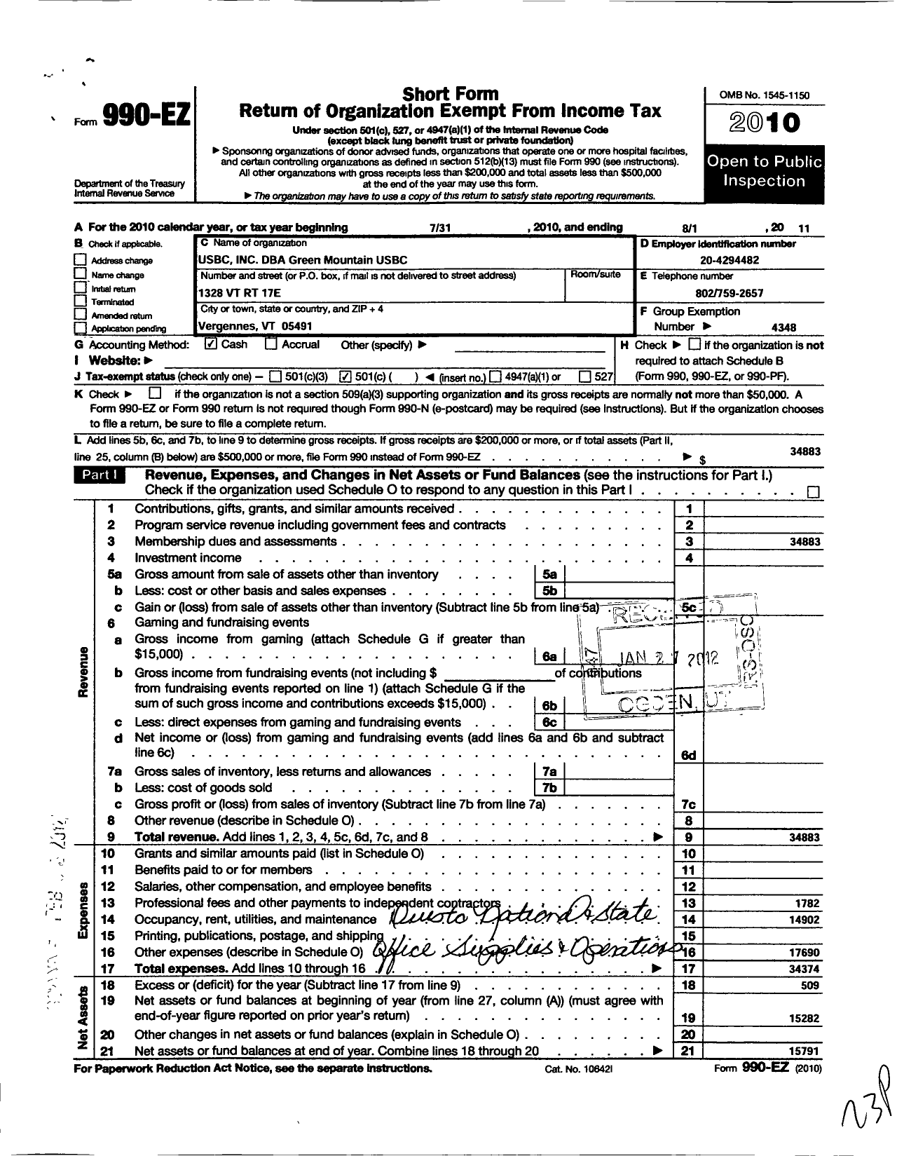 Image of first page of 2010 Form 990EO for United States Bowling Congress - Green Mountain Usbc