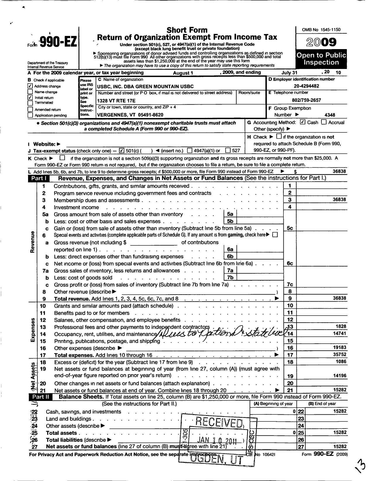 Image of first page of 2009 Form 990EO for United States Bowling Congress - Green Mountain Usbc