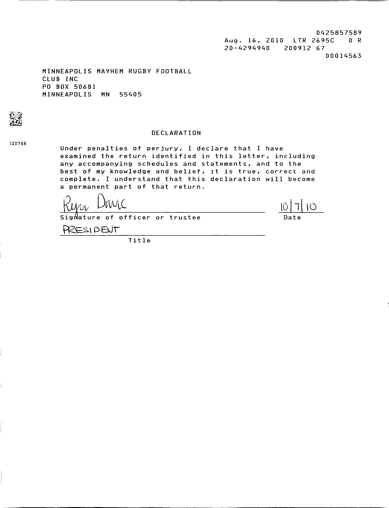 Image of first page of 2009 Form 990EOR for Mayhem Rugby Football Club