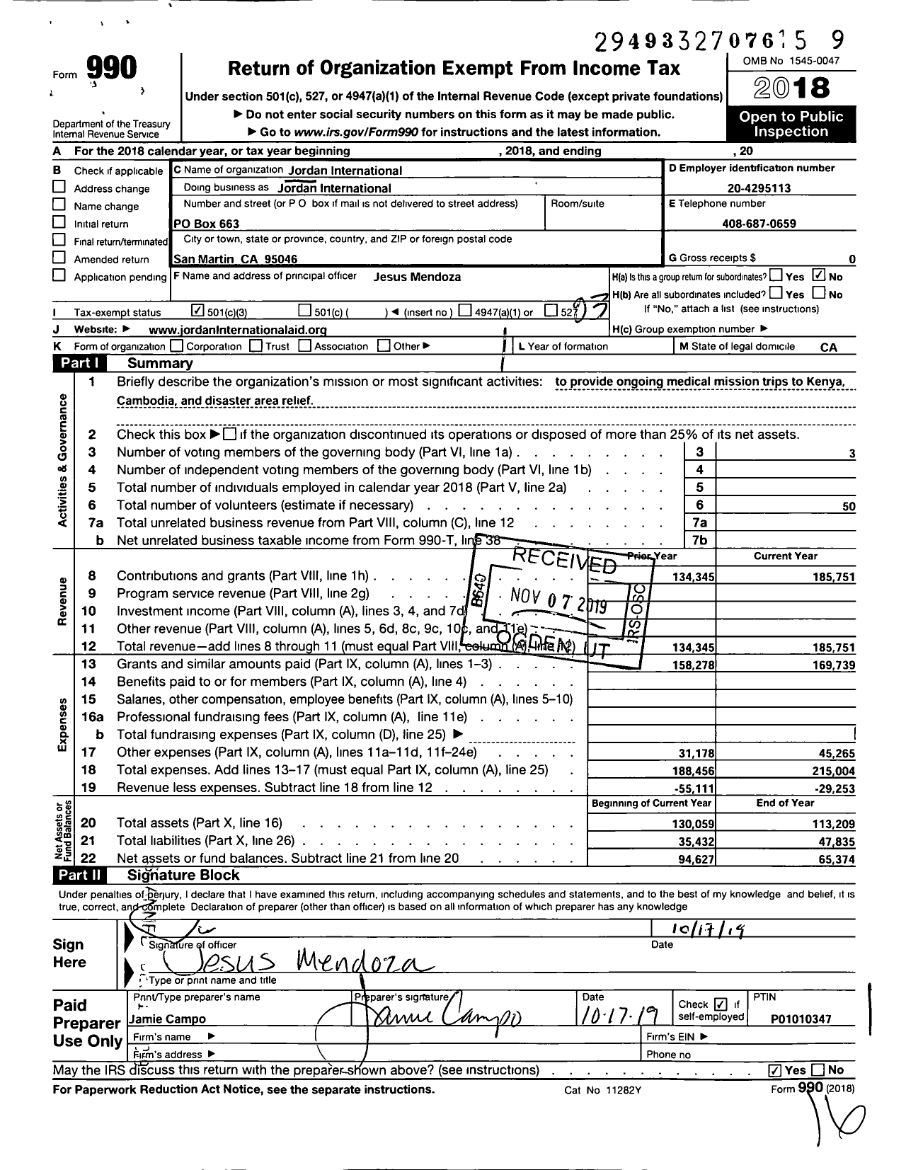 Image of first page of 2018 Form 990 for Jordan International Aid