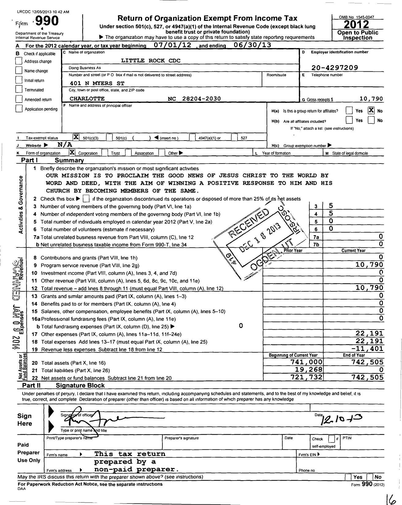 Image of first page of 2012 Form 990 for Little Rock Community Development Corporation