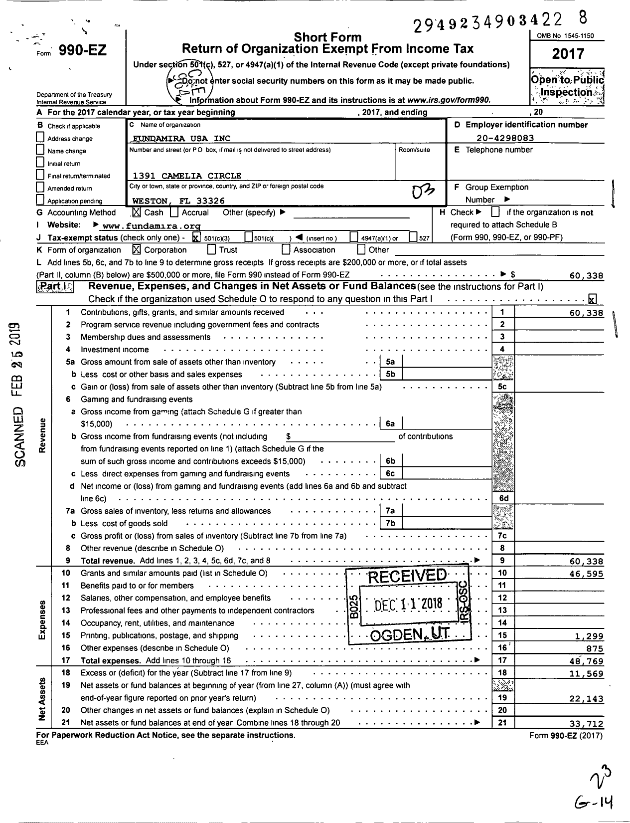 Image of first page of 2017 Form 990EZ for Fundamira USA