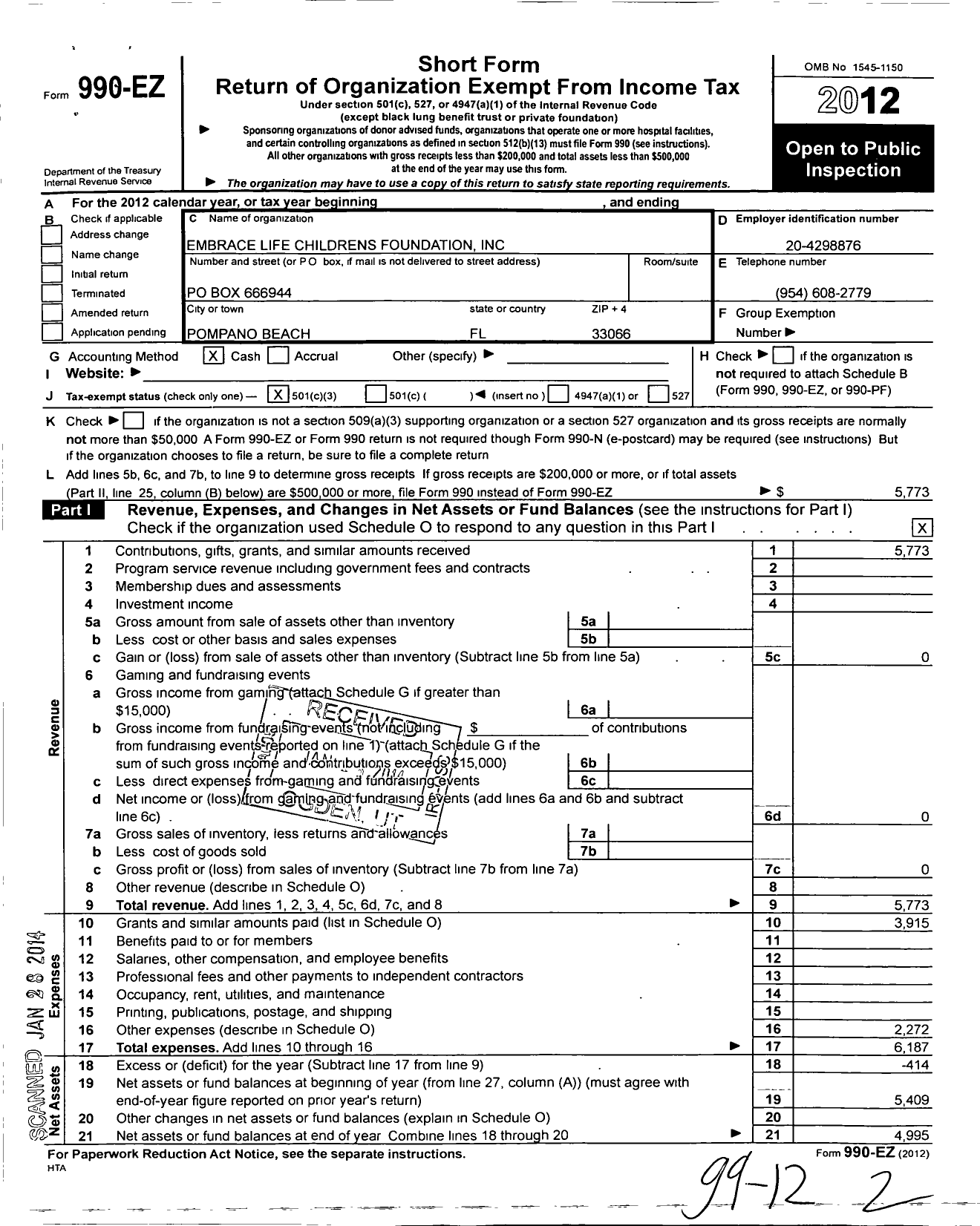 Image of first page of 2012 Form 990EZ for Embrace Life Childrens Foundation