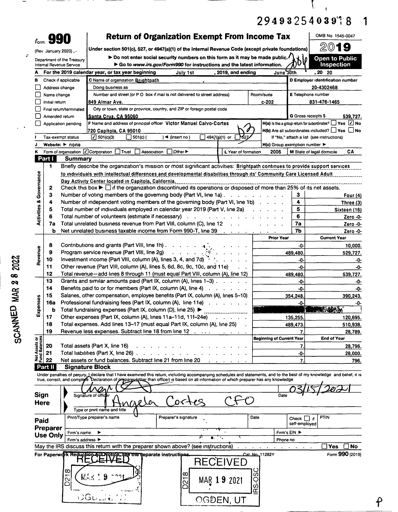 Image of first page of 2019 Form 990 for Brightpath