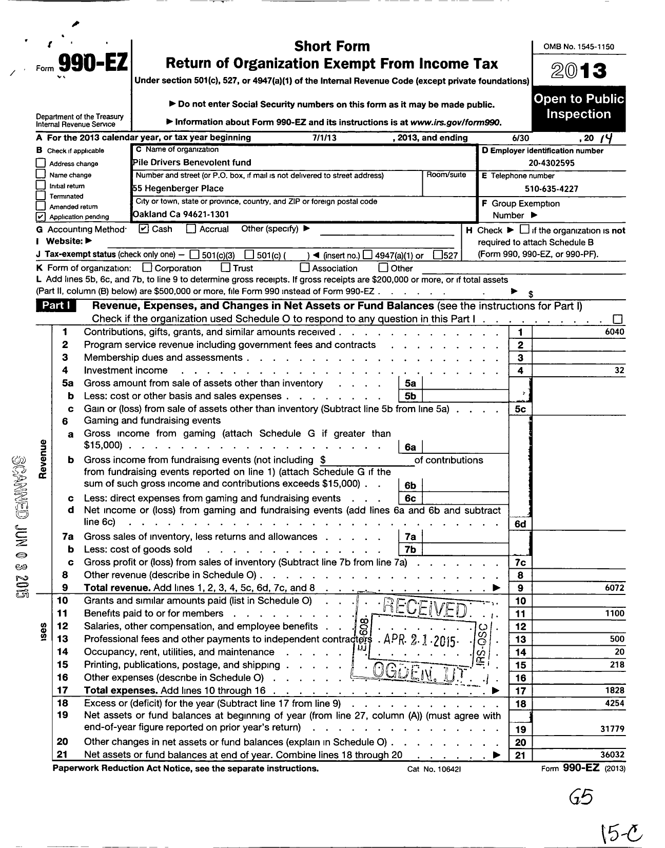 Image of first page of 2013 Form 990EZ for Pile Drivers Local Union No 34 Benevolent Fund