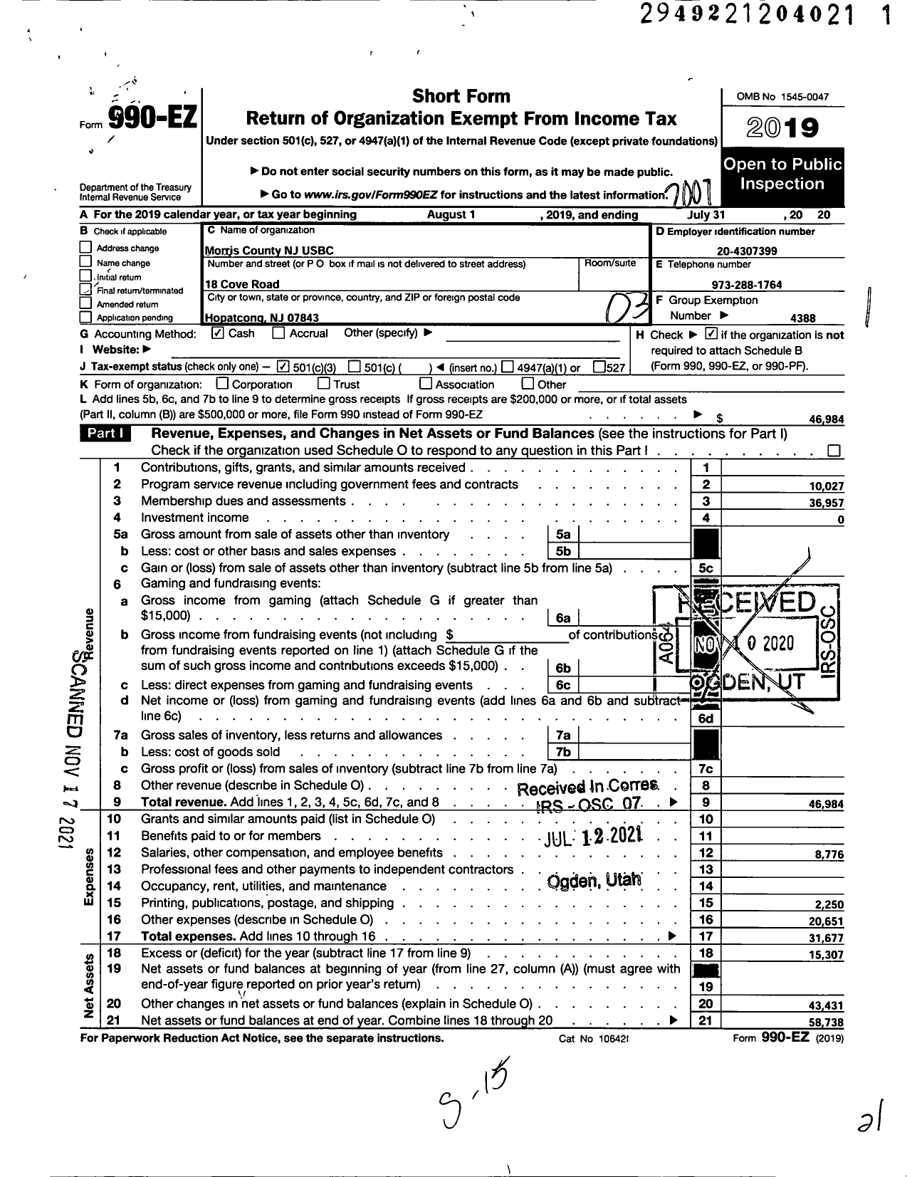 Image of first page of 2019 Form 990EZ for United States Bowling Congress - 86884 Morris County NJ Usbc