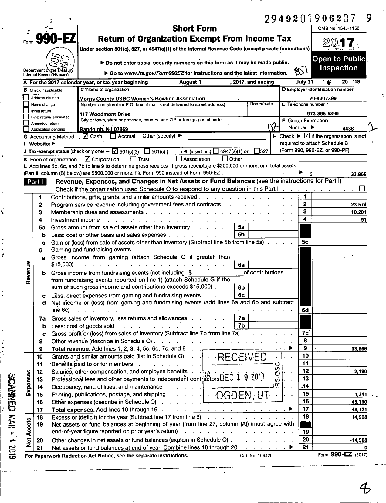 Image of first page of 2017 Form 990EZ for United States Bowling Congress - 86884 Morris County NJ Usbc