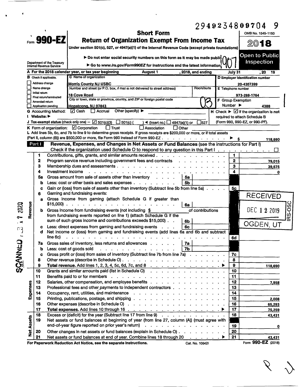 Image of first page of 2018 Form 990EZ for United States Bowling Congress - 86884 Morris County NJ Usbc