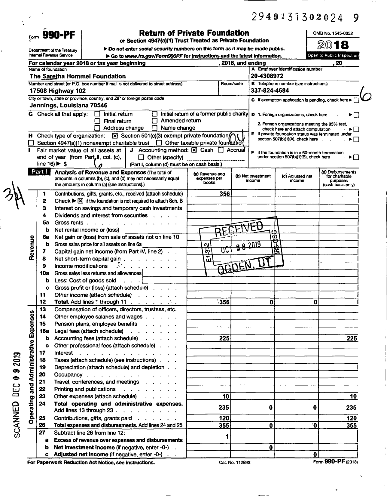 Image of first page of 2018 Form 990PF for The Saretha Hommel Foundation