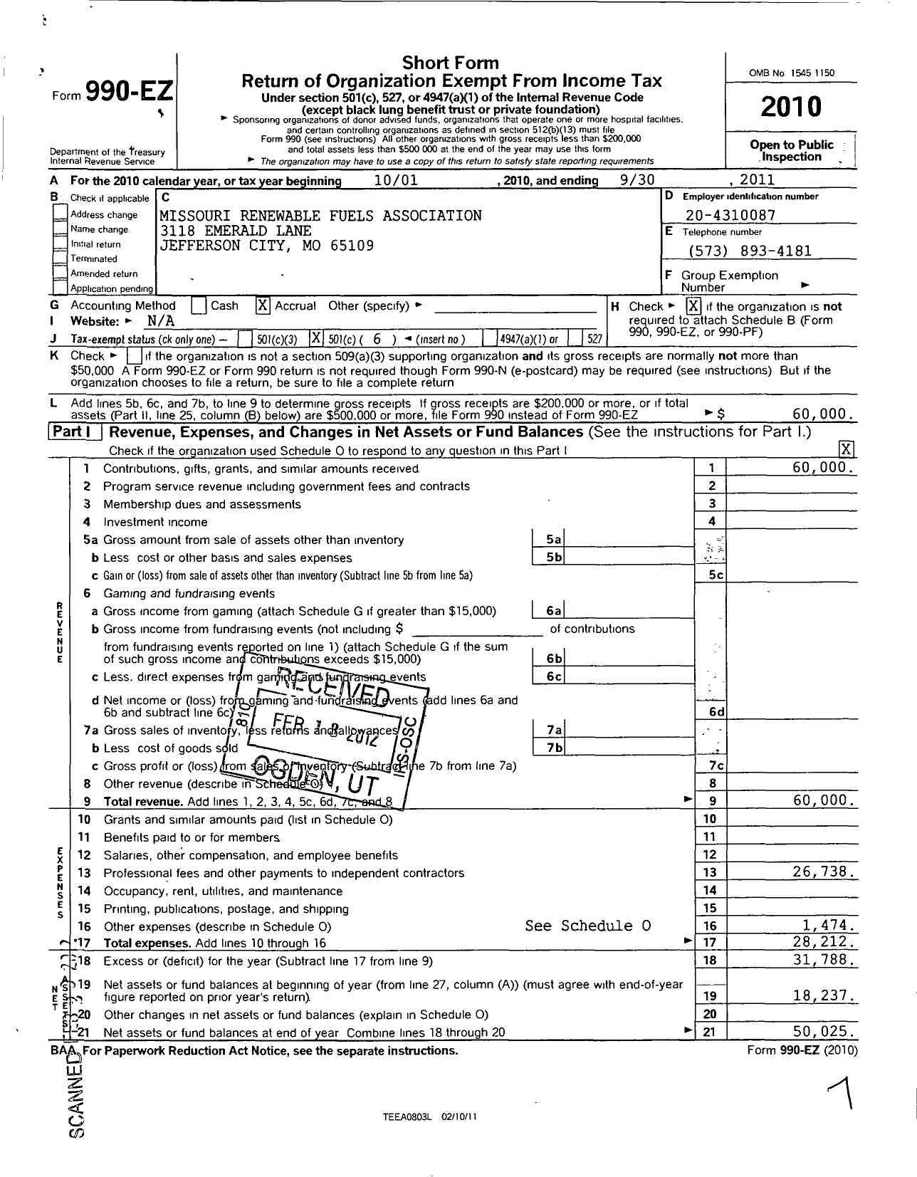 Image of first page of 2010 Form 990EO for Missouri Renewable Fuels Association