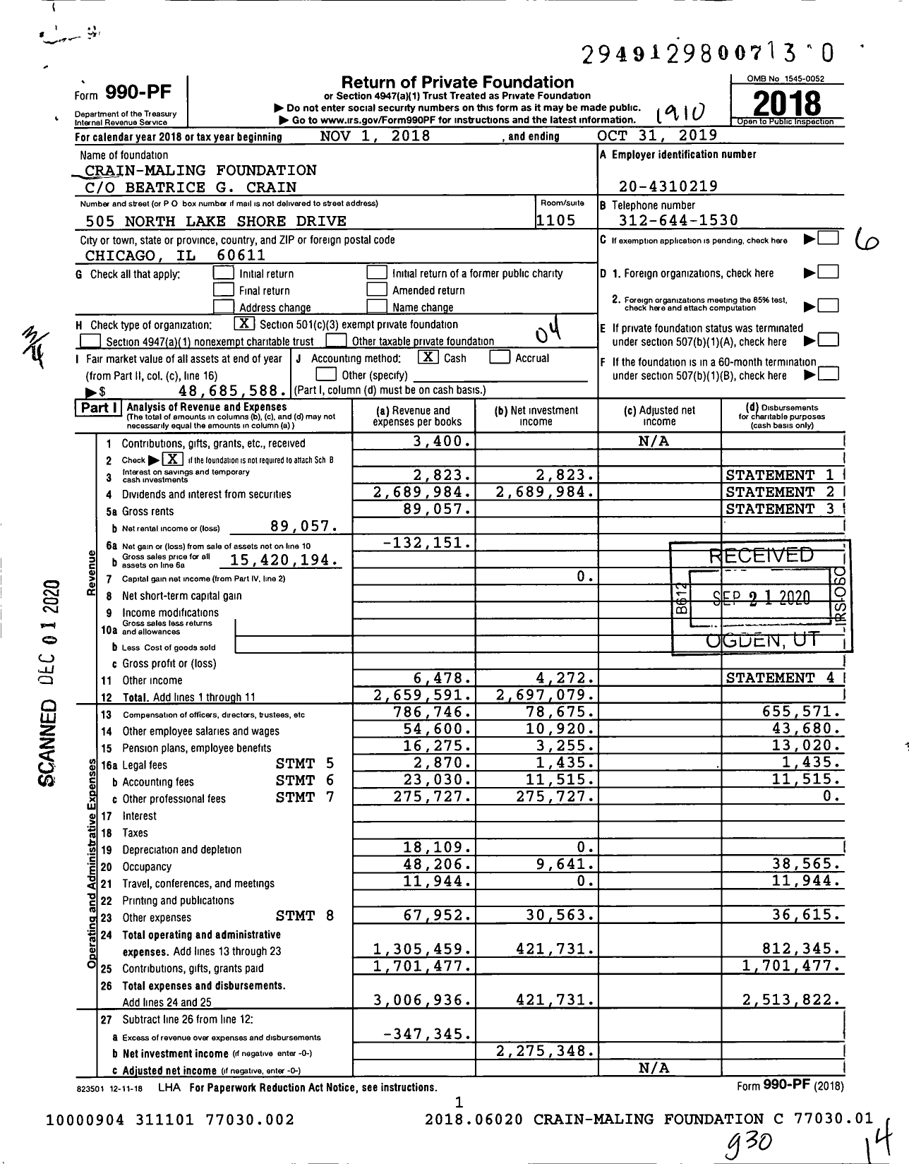 Image of first page of 2018 Form 990PF for Crain-Maling Foundation