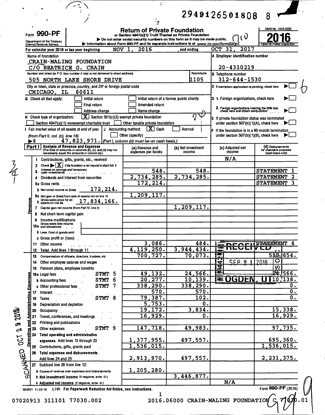 Image of first page of 2016 Form 990PF for Crain-Maling Foundation