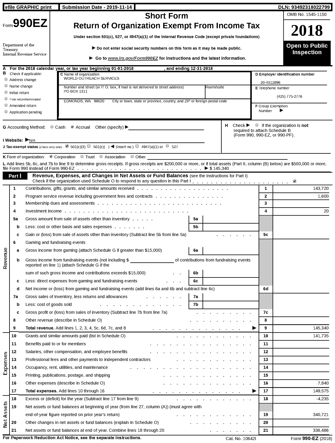 Image of first page of 2018 Form 990EZ for World Outreach Services