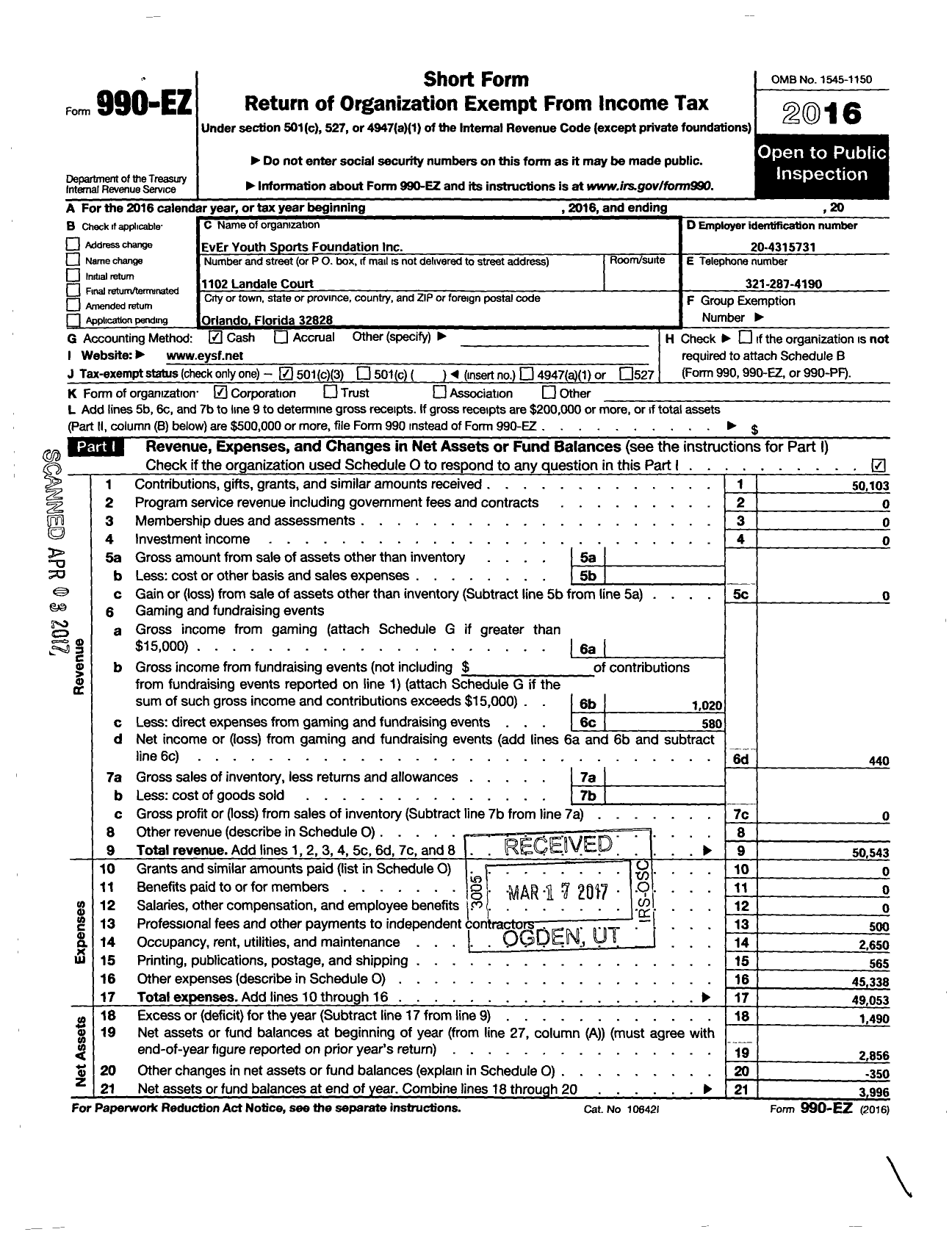 Image of first page of 2016 Form 990EZ for Ever Youth Sports Foundation