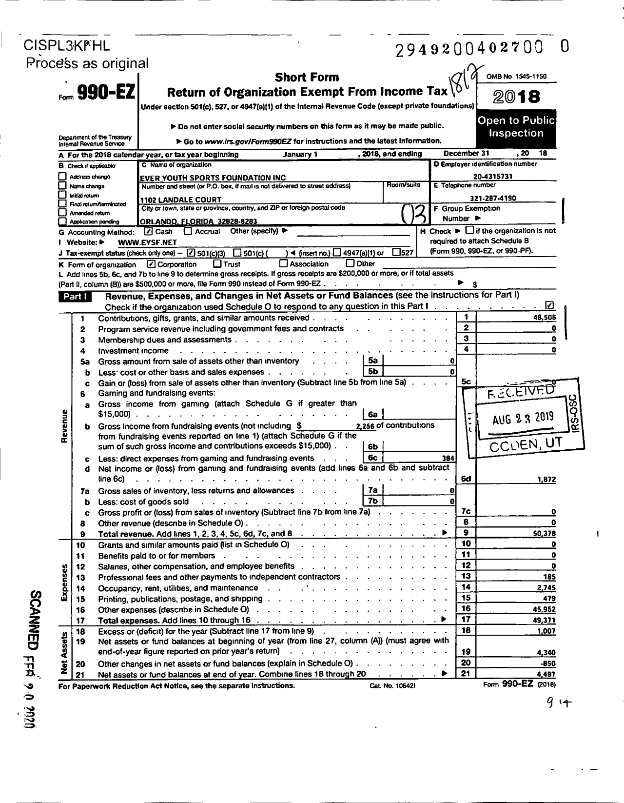 Image of first page of 2018 Form 990EZ for Ever Youth Sports Foundation