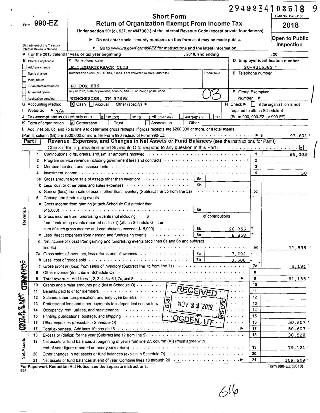 Image of first page of 2018 Form 990EZ for FC Quarterback Club