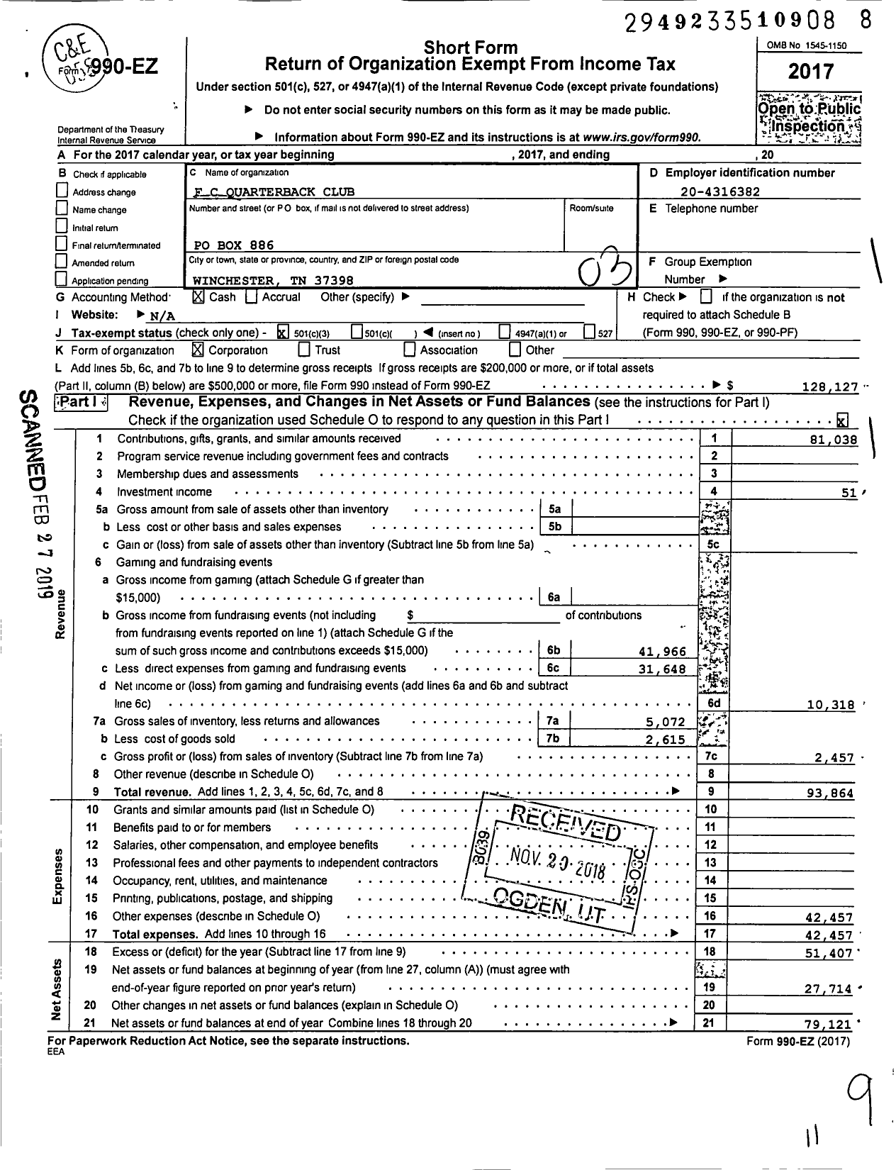 Image of first page of 2017 Form 990EZ for FC Quarterback Club