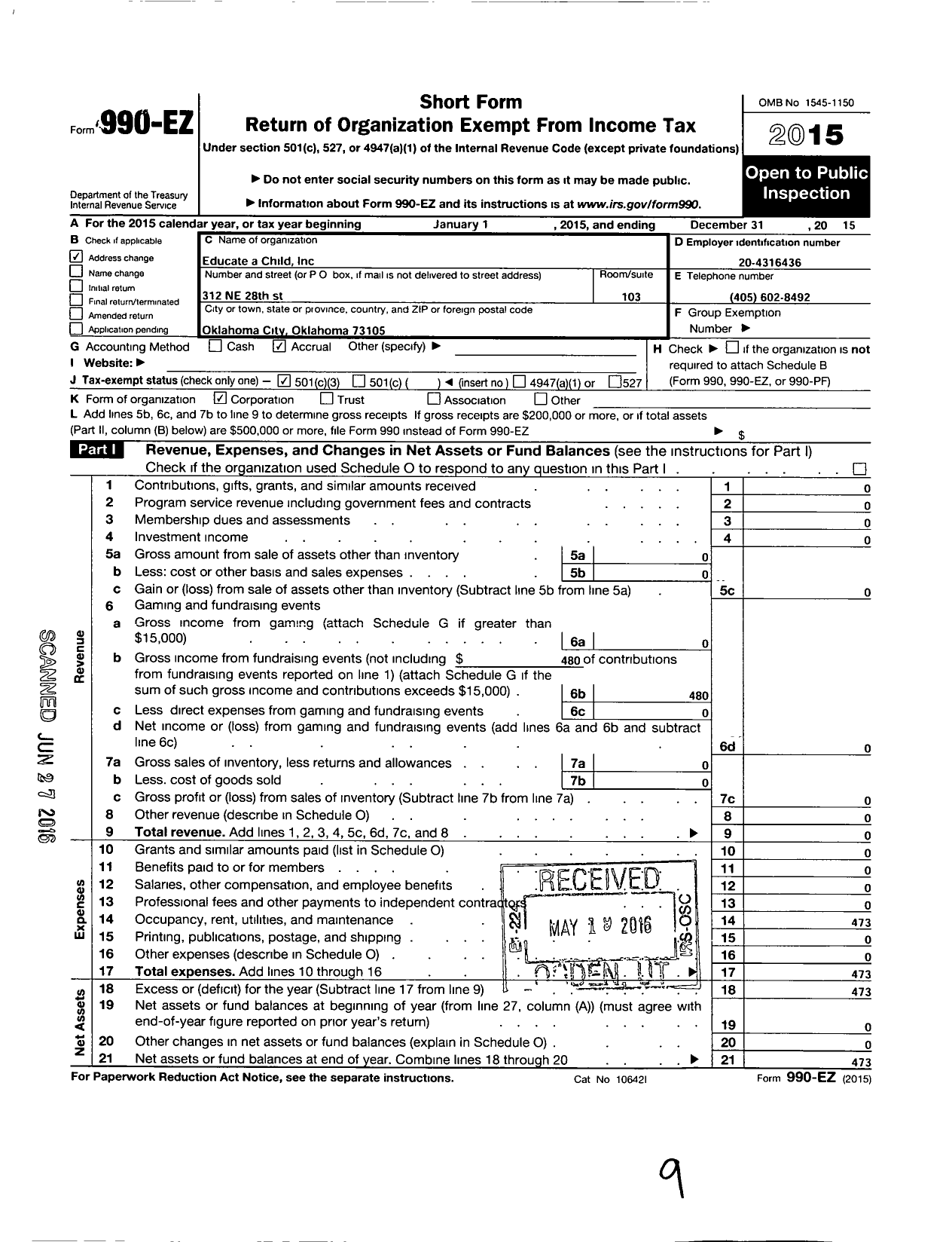 Image of first page of 2015 Form 990EZ for Educate A Child