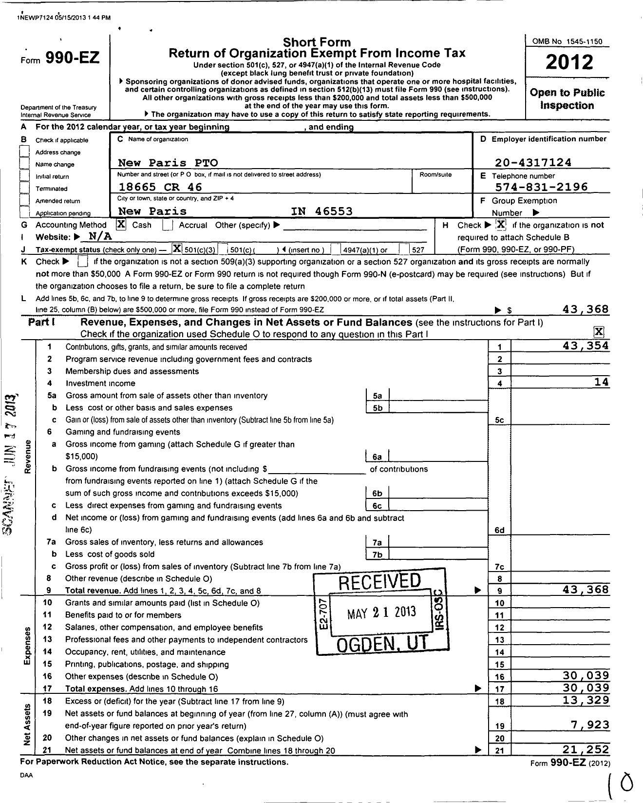 Image of first page of 2012 Form 990EZ for New Paris Elementary School Pto