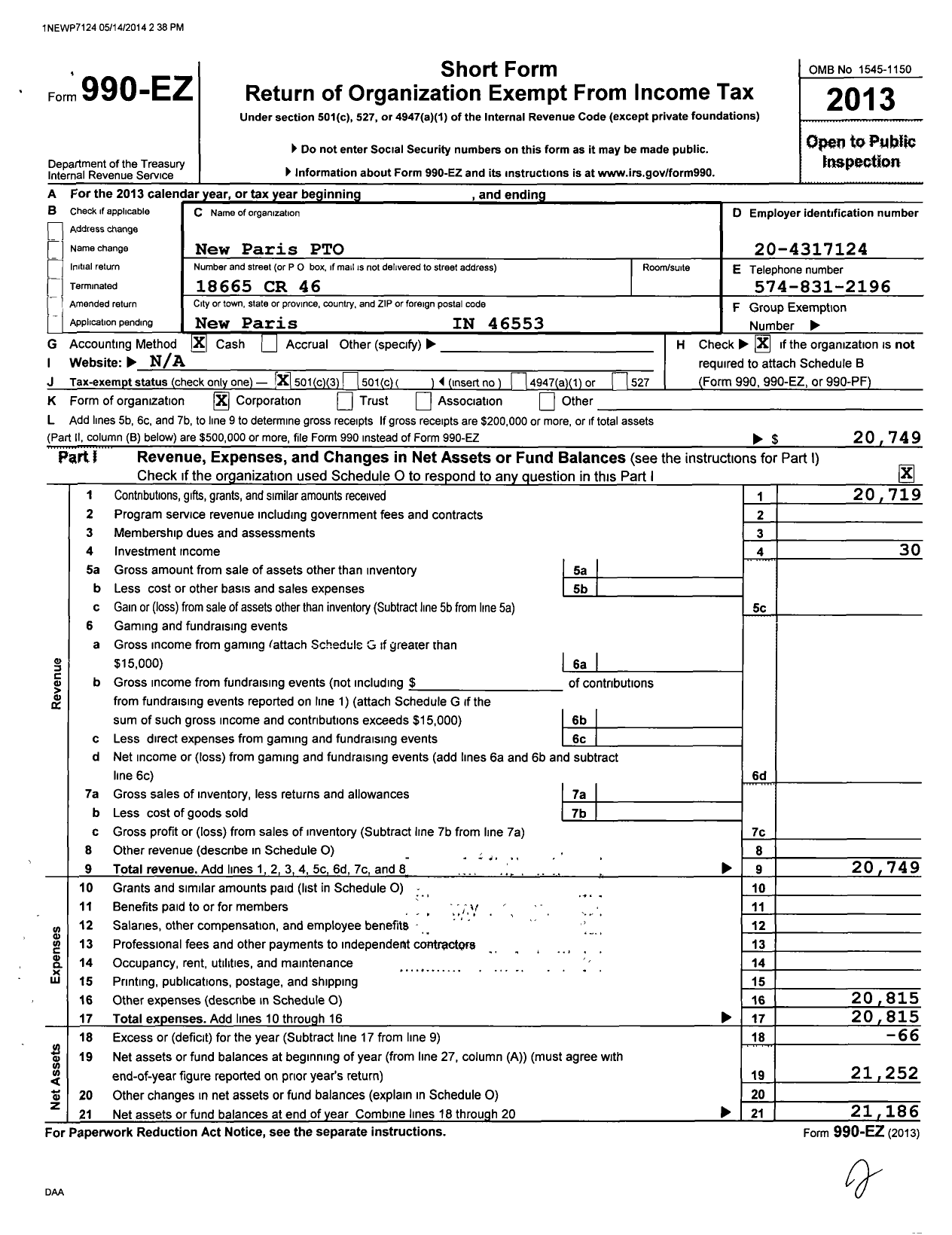 Image of first page of 2013 Form 990EZ for New Paris Elementary School Pto