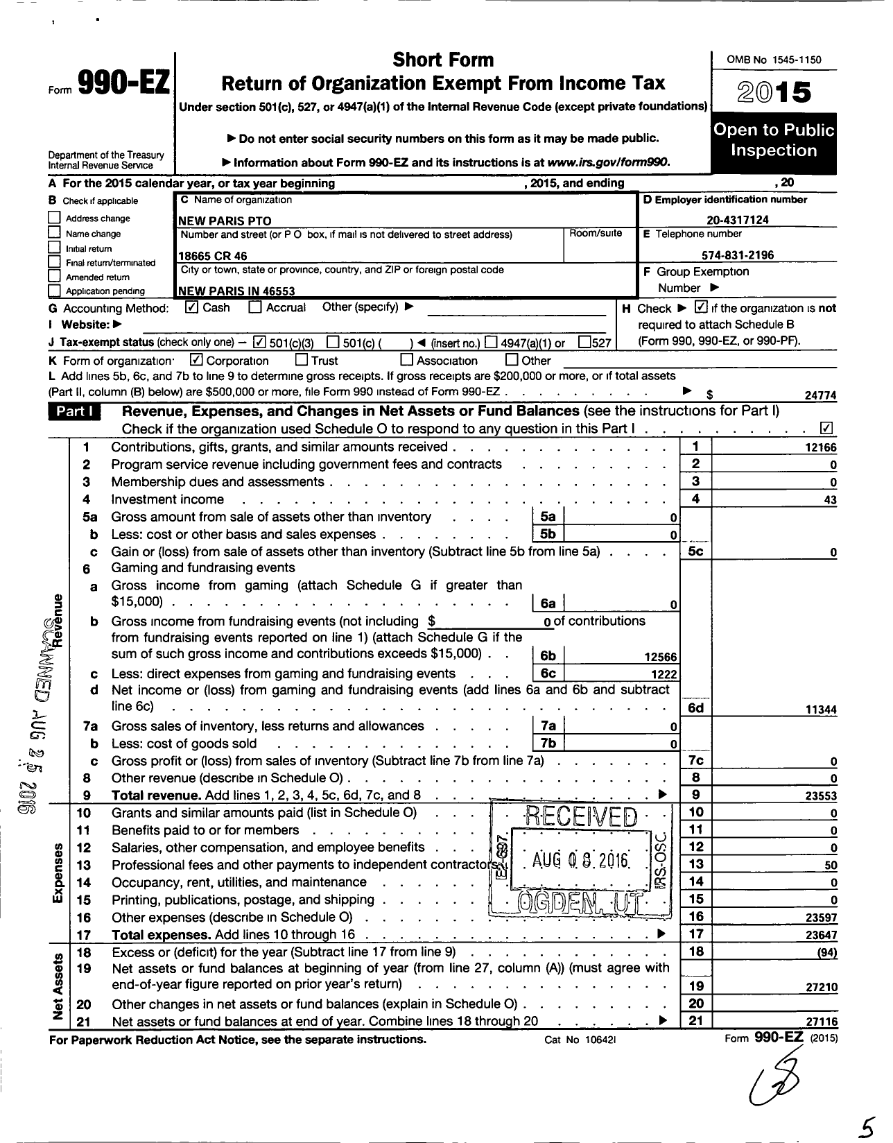 Image of first page of 2015 Form 990EZ for New Paris Elementary School Pto