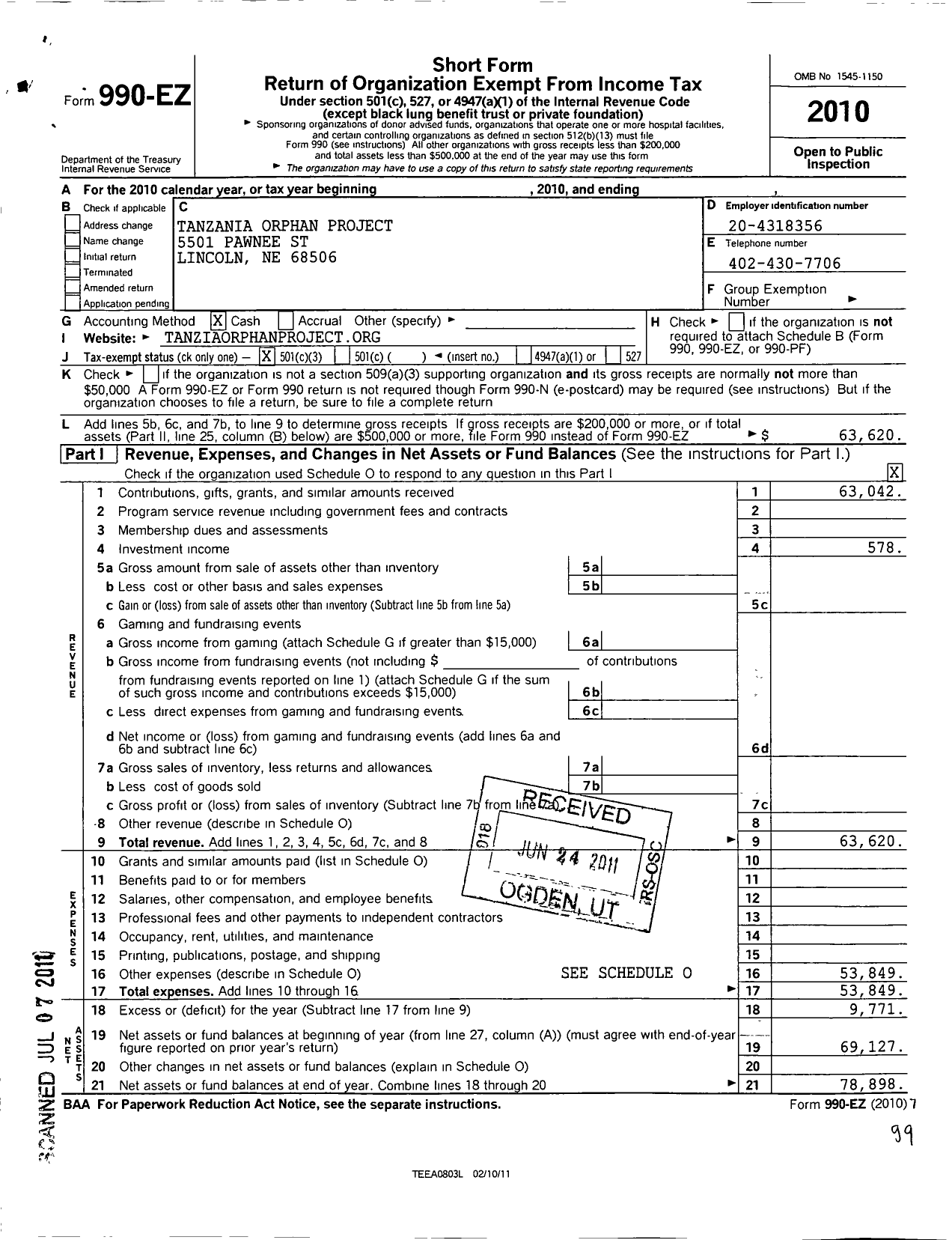 Image of first page of 2010 Form 990EZ for Tanzania Orphan Project