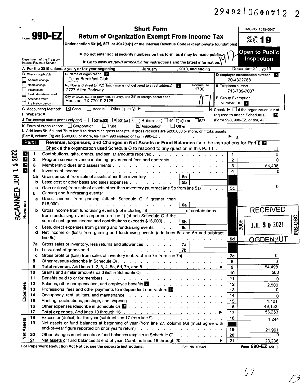 Image of first page of 2019 Form 990EO for Tejas Breakfast Club