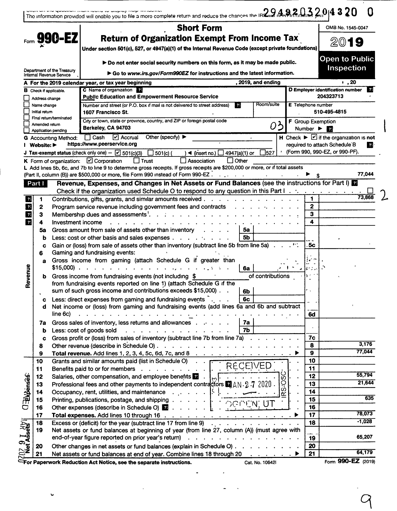 Image of first page of 2019 Form 990EZ for Public Education and Empowerment Resource Service (PEERS)