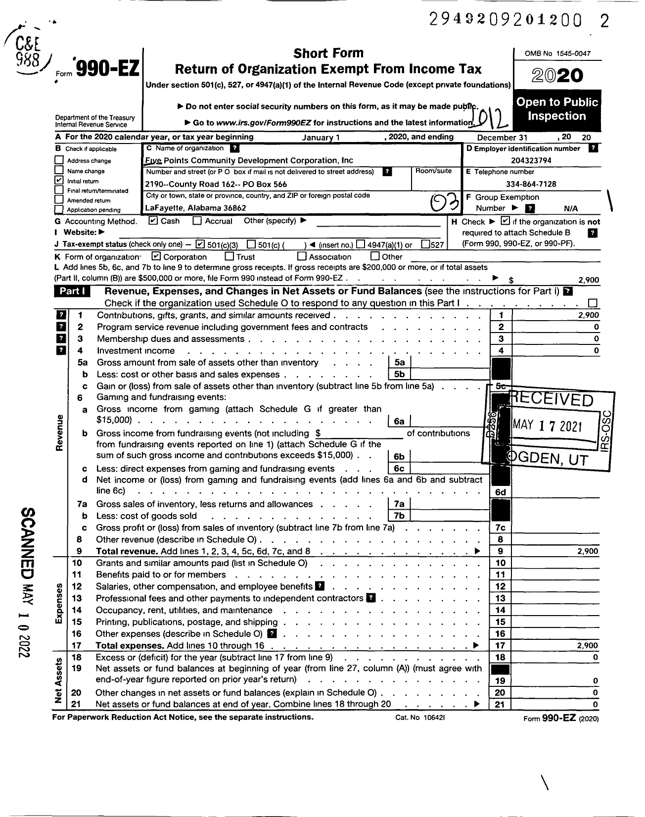 Image of first page of 2020 Form 990EZ for Five Points Community Development Corporation