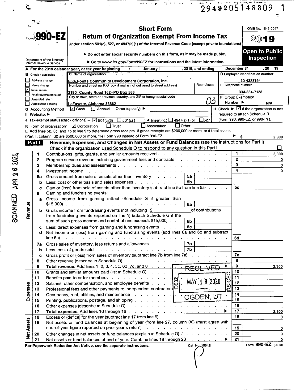 Image of first page of 2019 Form 990EZ for Five Points Community Development Corporation