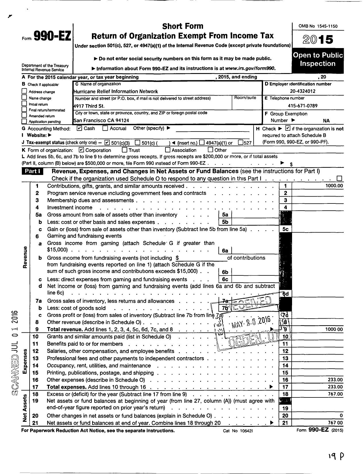 Image of first page of 2015 Form 990EZ for Hurricane Relief Information Network