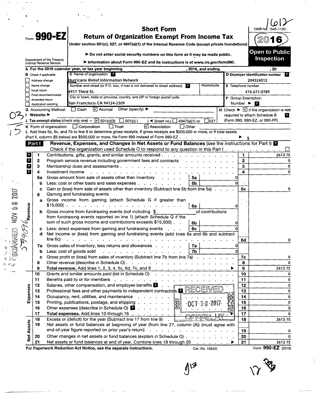 Image of first page of 2016 Form 990EZ for Hurricane Relief Information Network