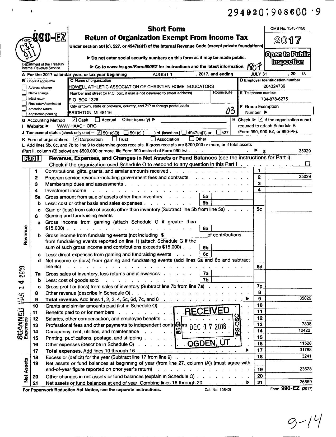 Image of first page of 2017 Form 990EZ for Howell Athletic Association of Christian Homeschoolers Incorporate