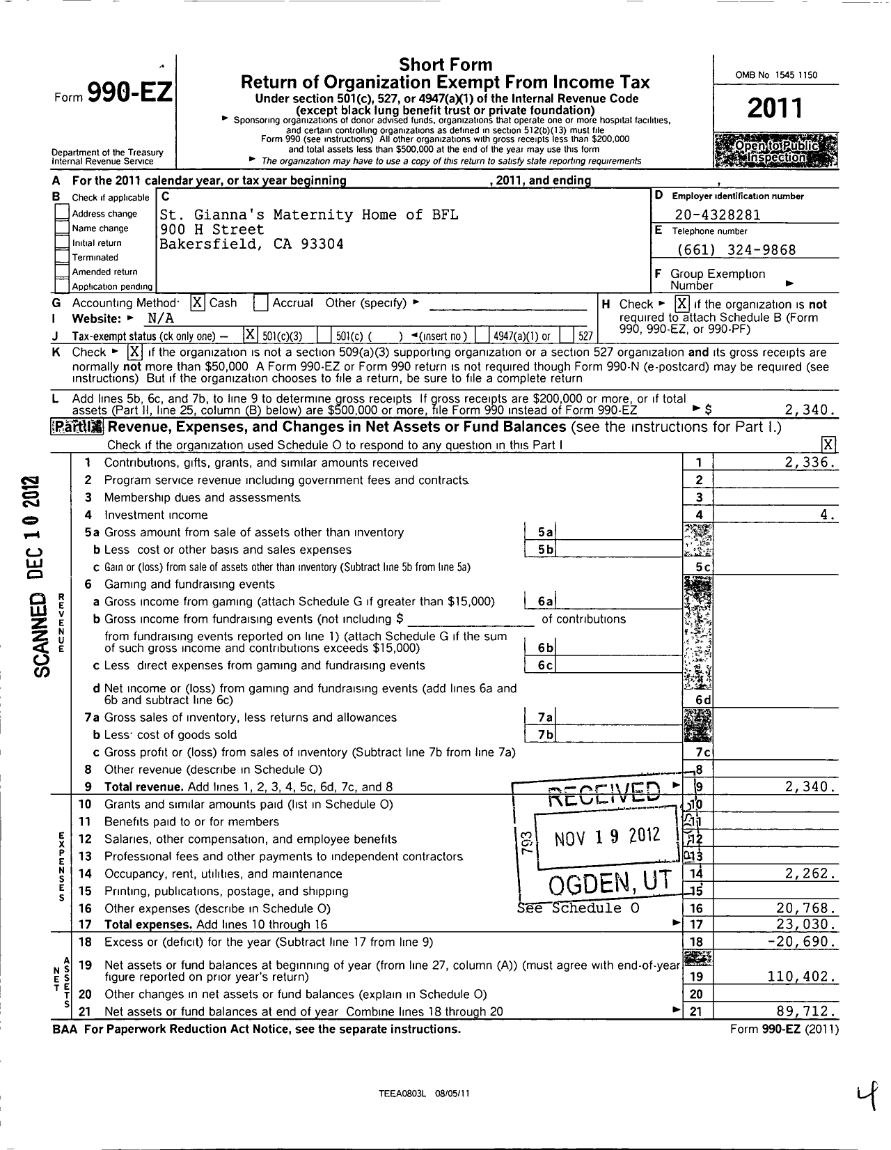 Image of first page of 2011 Form 990EZ for St Giannas Maternity Home of Bakersfield