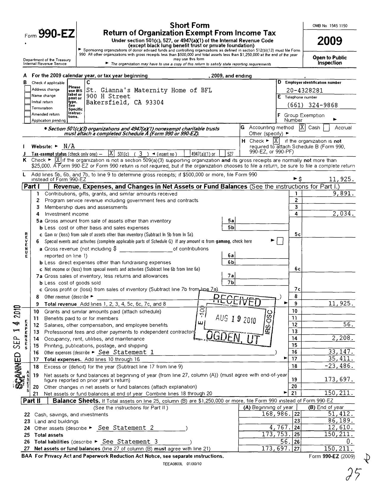 Image of first page of 2009 Form 990EZ for St Giannas Maternity Home of Bakersfield