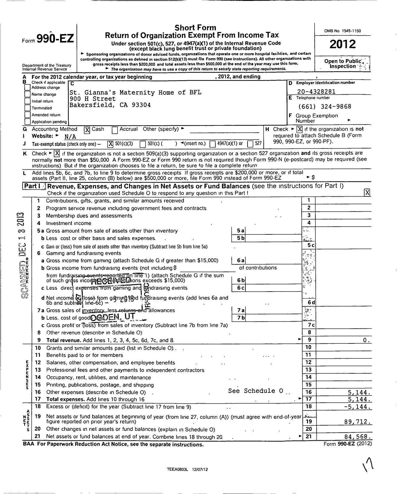 Image of first page of 2012 Form 990EZ for St Giannas Maternity Home of Bakersfield