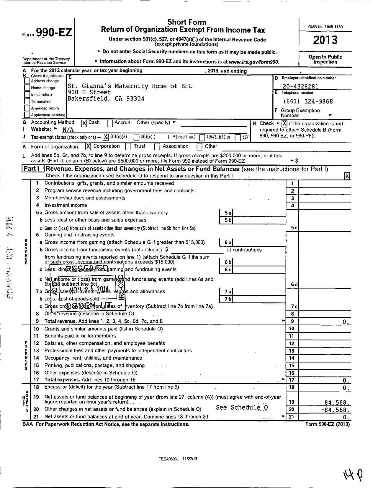 Image of first page of 2013 Form 990EZ for St Giannas Maternity Home of Bakersfield