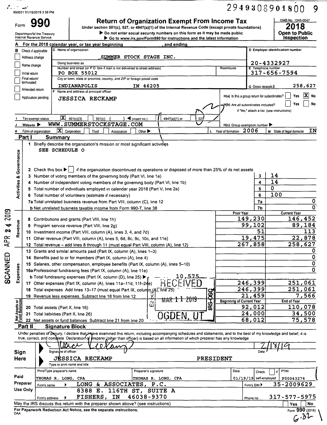Image of first page of 2018 Form 990 for Summer Stock Stage