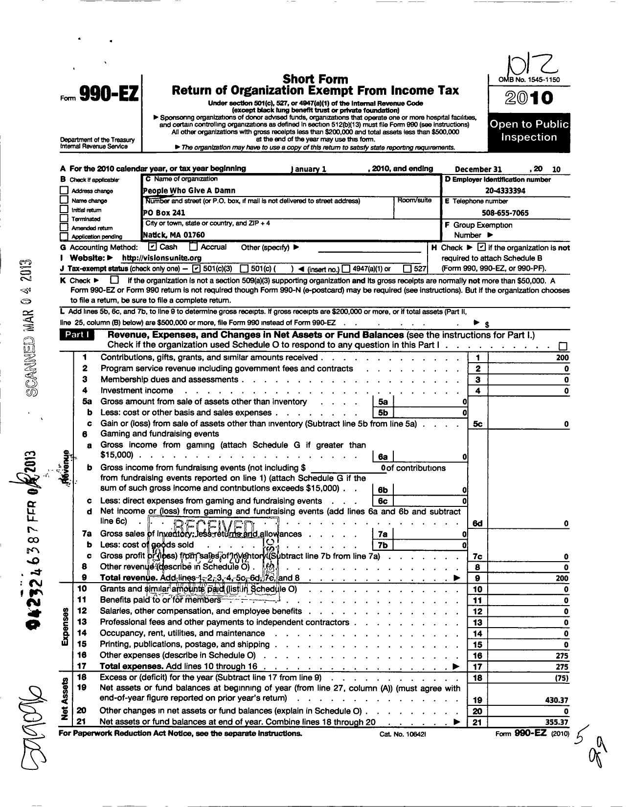 Image of first page of 2010 Form 990EZ for People Who Give A Damn (PWGD)