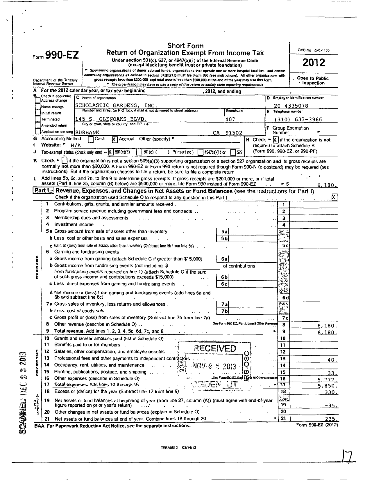 Image of first page of 2012 Form 990EZ for Scholastic Gardens