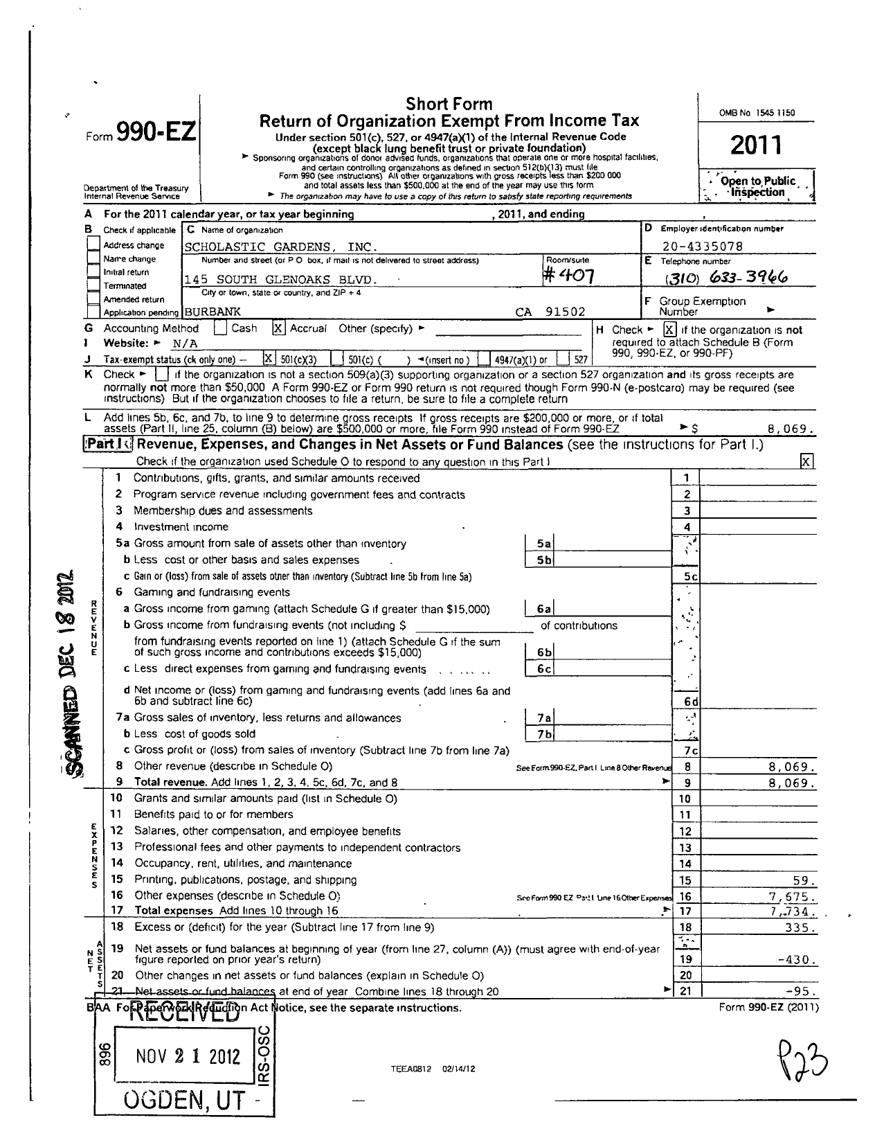 Image of first page of 2011 Form 990EZ for Scholastic Gardens