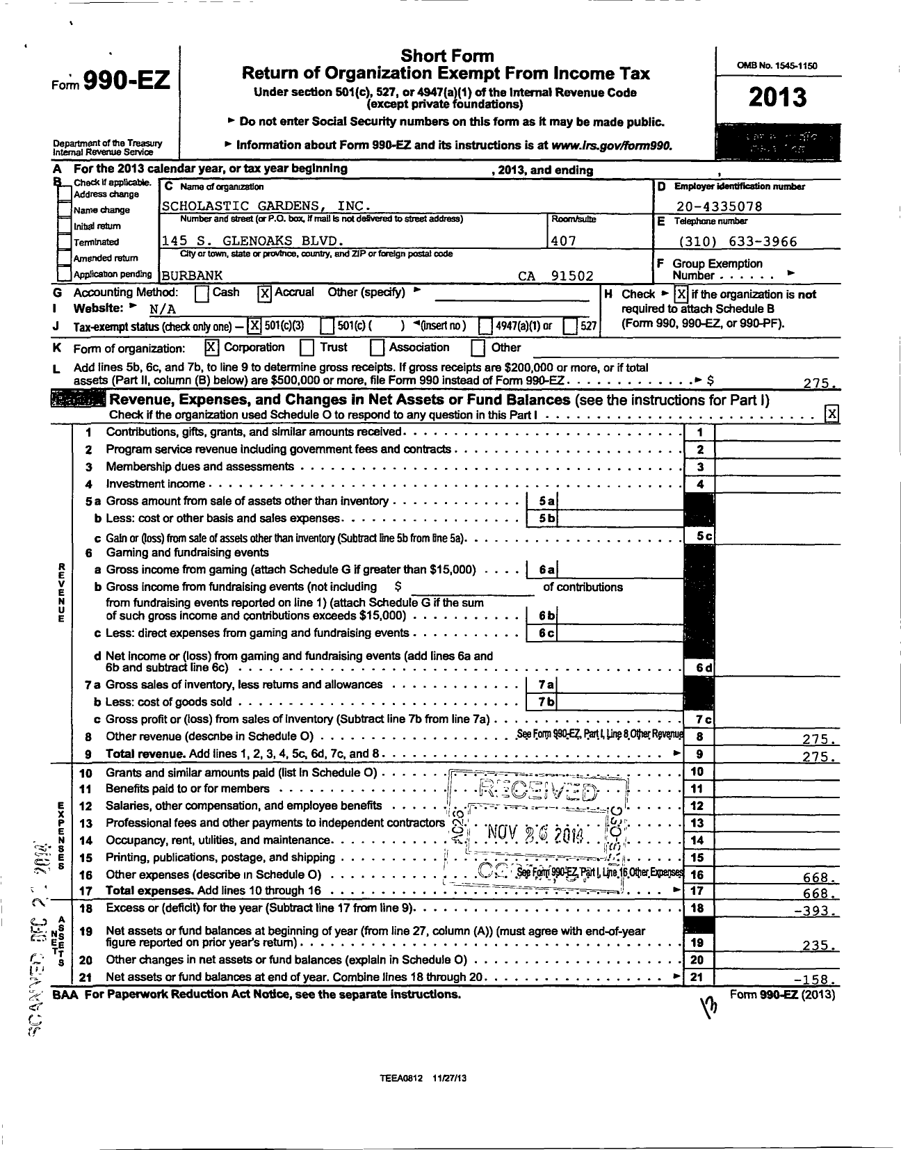 Image of first page of 2013 Form 990EZ for Scholastic Gardens