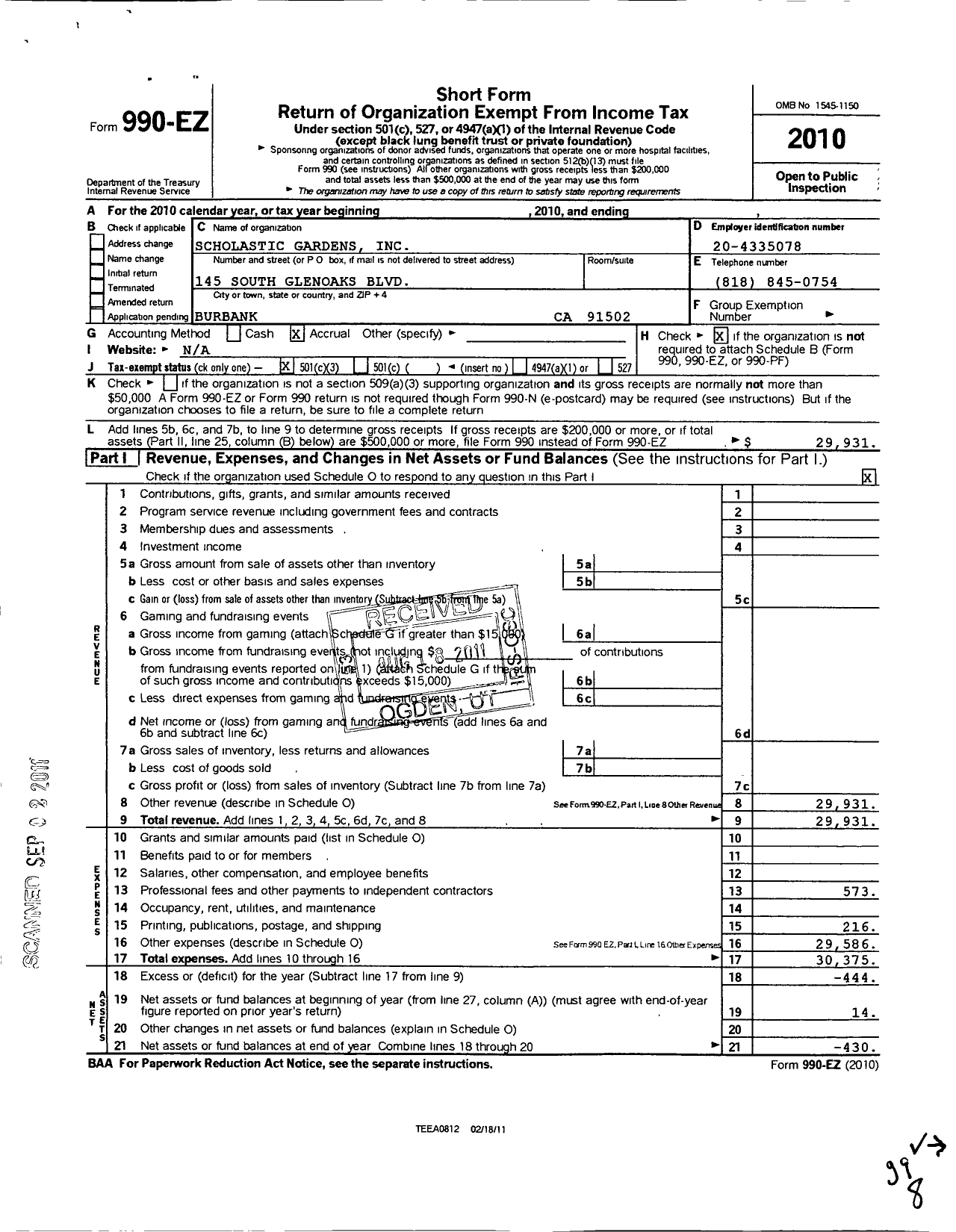 Image of first page of 2010 Form 990EZ for Scholastic Gardens